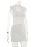 Ahagaga Women's Mini Dresses Stand Neck Hollow Out Sexy Slim Mesh Sheer Waist Bodycon Sleeveless Solid Casual Party Vestidos