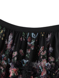Early Fall Floral Print Ruffle Mesh Skirt Women Irregular Flowy A-line Midi Skirt for Travel, Beach, Shopping