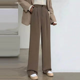 Women High Waist Straight Wide Leg Pants Solid Color Suit Pants Elastic Slant Pockets Loose Office Trousers