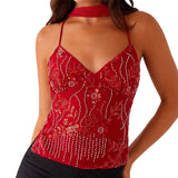 Women Camisoles Sequins Beaded Flower Embroidery V-Neck Casual Camis Tops Summer Fashion Sleeveless Crop Tops with Choker Scarf