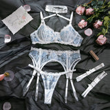 Toucheart Sexy Lingerie Set Lace Patchwork Embroidery Bra Set For Women Perspective Sexy Hanging Neck Underwear Garter Stockings