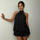 Women's Summer Solid Color Halter Neck Mini Dress Sleeveless Open Back Drop Waist Ruffle Beach Clubbing Dresses