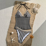 Vintage Red Striped Two Piece Bikini Set 2026 Women Shell Starfish V Neck Top High Waist Swimsuit Beach Bathing Suit Swimwear