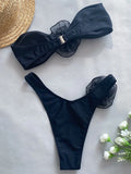 3D Flowers Striped Bikinis Strapless Bandeau Bikini 2025 Female Swimsuit Women Swimwear Two-pieces Bikini Set Bathing Suit Swim