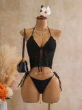 Sexy Black Triangle Bikini Set 2026 Women Lace Front Tie Push Up Crop Top Micro Swimsuit Beach Bathing Suit Two Piece Swimwear