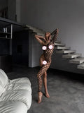 Toucheart Sexy Lingerie Women's Jumpsuit Shiny Diamond Fishing Net One-sleeved Leg Jumpsuit Sexy Hollow Out See-through Jumpsuit