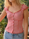Women Summer Tops and Blouse Short Sleeve Square Neck Button Down Shirts Y2K Retro Casual Daily Streetwear