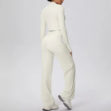2 Pcs Women's Seamless Yoga Set Long-sleeved Wide-leg Pants Tracksuit Fitness Sports Set High-waisted Hip-lifting Slim-fit Suit