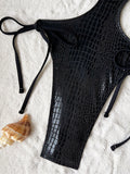 Women black snake print metallic swimsuit one piece irregular hollow backless bikini Swimwear bathing suit beach outfit bodysuit