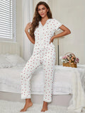 Autumn Winter Comfortable Pajamas Set with Love Heart Printed for Women Sleepwear Short Sleeve Top and Pants Homewear