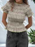 Women Casual Summer Plaid Print Shirred Tops Slim Mock Neck Short Sleeve Crop Ruffle T-shirts Streetwear