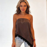 2026 New Solid Color Chic Satin Strapless Top Women Asymmetrical Hem Lace Trim Casual Fashion Tube Tops