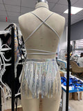 New Shiny One Piece Swimsuit Sexy White Snakeskin Print Deep V Neck Swimwear Backless Bathing Suit Sequin Tassel Skirt Monokini