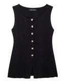 Women's Sleeveless Knit Top With Metal Buttons White Sleeveless Button Down Vest And Maxi Skirt Two Piece Set For Women S7XY