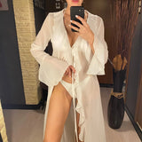 New Sexy V Neck Ruffled Long Sleeve Chiffon Tunic Beach Cover Up Cover-ups Beach Dress Beach Wear Beachwear Female Women V5976