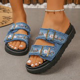 2026 New Flowers Embroidery Platform Slippers Women Fashion Denim Thick Bottom Sandles Woman Plus Size 43 Non Slip Beach Sandals