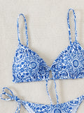 Sexy Floral Print Micro Bikinis Sets Two Pieces Blue Porcelain Swimwear Drawstring Swimsuit Women Biquini Thong Bathing Suits