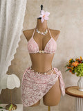 With Sarong Halter Printed Bikini Women Swimwear Female Swimsuit Padded Bather Bathing Suit Swim Three-pieces Bikini set K8073