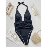 V Neck Halter Wrinkled Women Swimwear One Piece Swimsuit Female High Leg Cut Backless Monokini Bather Bathing Suit Swim V5878