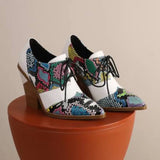 Snake Print Pumps Women Lace Up Brogue Shoes Pointed Toe Wedge Heels Deep Mouth Plus Size 40 41 42