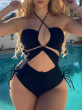 2026 Drawstring Swimsuit Solid Cut Out Knot Halter One Piece Swimwear Women Padded Bathing Suit Female Swimming Summer Beachwear