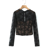Pure Desire Sexy Sheer Crochet Lace Base Shirt Waist-Tightening Top T-Shirt For Woman Transparent Mesh Casual T-Shirt Charm ADSE
