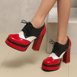 Bright Patent Leather Patchwork White PU Lace Up High Heels with Breathable Lining, Wavy and Serrated Patterns, Sweet Pumps