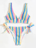 2026 New Sexy Bikini Women Rainbow Stripe Pleated Swimwear Swimsuit Knotted Bikinis Set Bathing Suit Beach Bikini Female Push Up