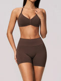 Seamless Yoga Suit Women Exposed Back Pleate Sports Bra High Waist Shorts Fitness Sets Outdoor Running Athletic Wear Tracksuit