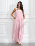 Women Fashion Jumpsuits Sleeveless Buttons Suspender Wide Leg Pant Overalls with Pockets Casual Loose Romper Streetwear