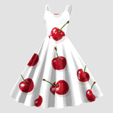 Vintage Fruit Print Dress For Women Elegant High Waist A Line Swing Dress Rockabilly 60s 50s Retro Spaghetti Strap Maxi Robe