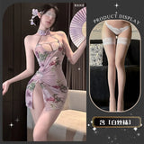Hanging Neck Flower Print Off-the-shoulder Dress For Woman Pure Desire Backless Sleeveless Dress Elegant Nightclub Style 1P2O