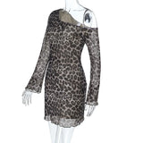 Spring Summer Off-Shoulder Sexy Leopard Print Long-Sleeve Dress European-Style Casual Backless Bell-Sleeve Mini Skirt Streetwear
