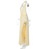 FDYOUI 2026 Summer Deep V-neck Hollow Out Long Maxi Evening Dress Women Chic Backless High Slit Ruched Solid Party Club Dresses