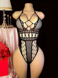 Hot Sexy Lingerie Erotic Crotchless Women Mesh Hollow Bodystockings Full Sleeve Leopard  Sling Hanging Neck Underwear Body Suits