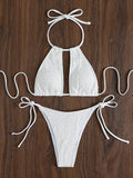 2025 Halter Tie Side Hollow Out Smocked Bikini Women Swimsuit Female Swimwear Two Pieces Bikini Set Swim Bathing Suit Beach Wear