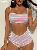 2026 Striped Mid Waist Bikini Female Swimsuit Women Swimwear Two-Pieces Bikini Set Shorts Padded Bather Bathing Suit Swim V8011