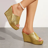 Fashion Wedge Heeled Gold Sandals Women 2026 Summer Peep Toe Chunky Platform Slippers Woman Plus Size 43 High Heel Party Sandles