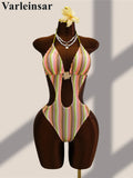 Striped Colorful Halter Cut Out One Piece Swimsuit Women Swimwear Female Monokini High Leg Cut Bather Bathing Suit Swim V8304