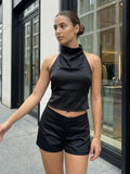 Summer Women's Solid Color Satin Shorts Sets Backless Mock Neck Halter Tops with Shorts 2 Piece Outfits Casual Streetwear