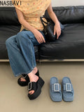 Women Punk Lazy Platform Sandals Buckle Design Garden Shoes Roman Street Slippers Flip Flops Denim Blue Outdoor Beach Shoes