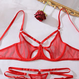 Toucheart Sexy Mesh Lingerie Split Kit with Gloves Steel Ring Laceup Patchwork Skinny See-through Hollow Interesting Private Set
