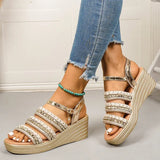 Women's Wedge Heel Platform Sandals Rope and Rivets Decor Chunky Sandals Women Fashion Plus Size 43 Ankle Buckle Rome Sandles