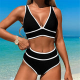 S - XL Sexy V Neck Printed High Waist Bikini Female Swimsuit Women Swimwear Two-pieces Bikini Set Bather Bathing Suit Swim V6997