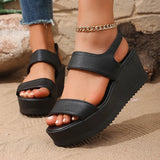 Black Pu Leather Chunky Sandals Women Plus Size 43 Summer Wedge Heels Sandals Woman Casual Slip On Platfrom Sandles Female