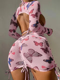 Long Sleeve Printed Halter Bikini Female Swimsuit Women Swimwear Four-pieces Bikini Set with Mesh Skirt Bathing Suit Beach Wear
