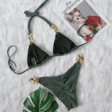 Halter Ribbed Metal Chains Diamond Bikini Women Swimsuit Female Swimwear Two-pieces Bikini Set Bather Bathing Suit Swim Lady