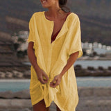 Cotton Linen Breathable And Comfortable Mid Length Oversized Button Down Half Sleeve O-neck Cardigan Casual Beach Suncreen Top