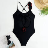 sexy 3D flower back tie swimsuit one piece bikini thong swimwear bodysuits women biquini bathing suits solid black color