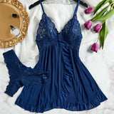 Sexy Lace Lingerie Set for Women, Red Sleepwear Nightdress with Matching Panties, V-Neck Sheer Lace Camisole, Romantic Night